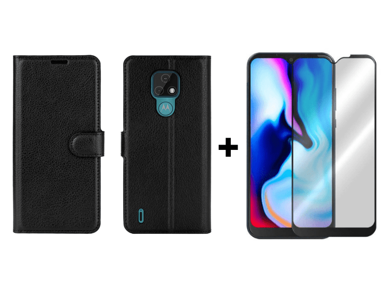 9D SKLO + PUZDRO 2v1 pre Motorola E7 - Knížkove puzdro Litchi čierne