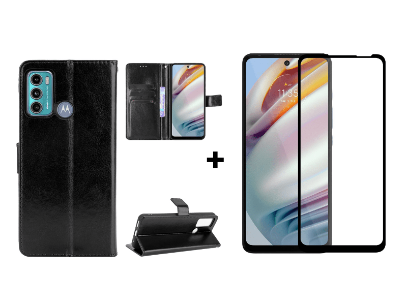 9D SKLO + PÚZDRO 2v1 pre Motorola Moto G60 - Knižkové Solid čierne