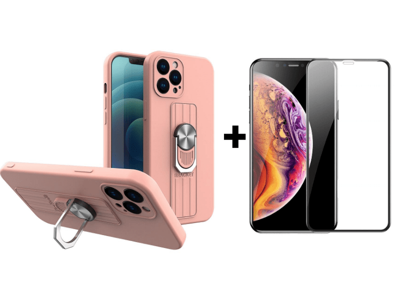 9D SKLO + KRYT 2v1 pre Apple iPhone 11 - Armor Ring grip ružové