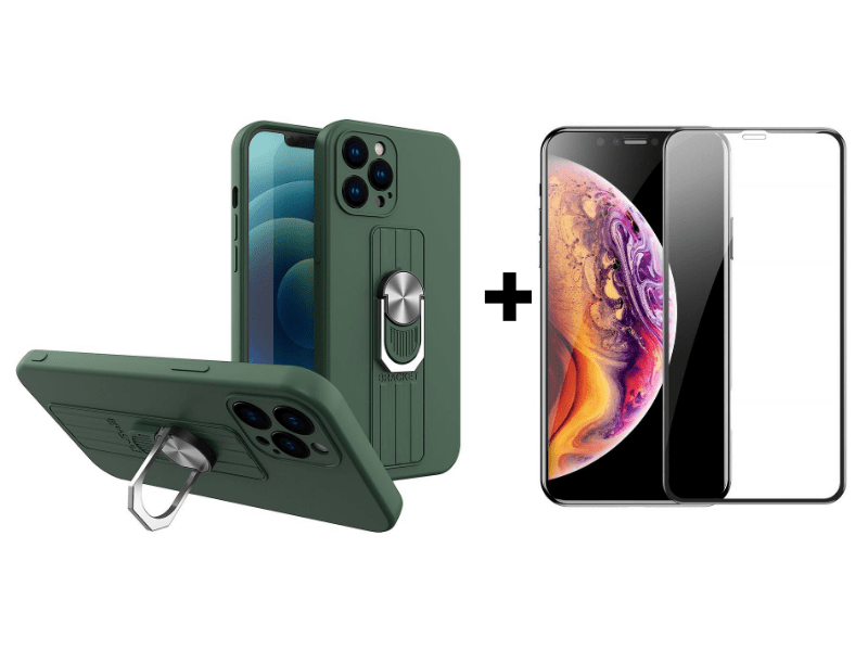 9D SKLO + KRYT 2v1 pre Apple iPhone 11 - Armor Ring grip zelené