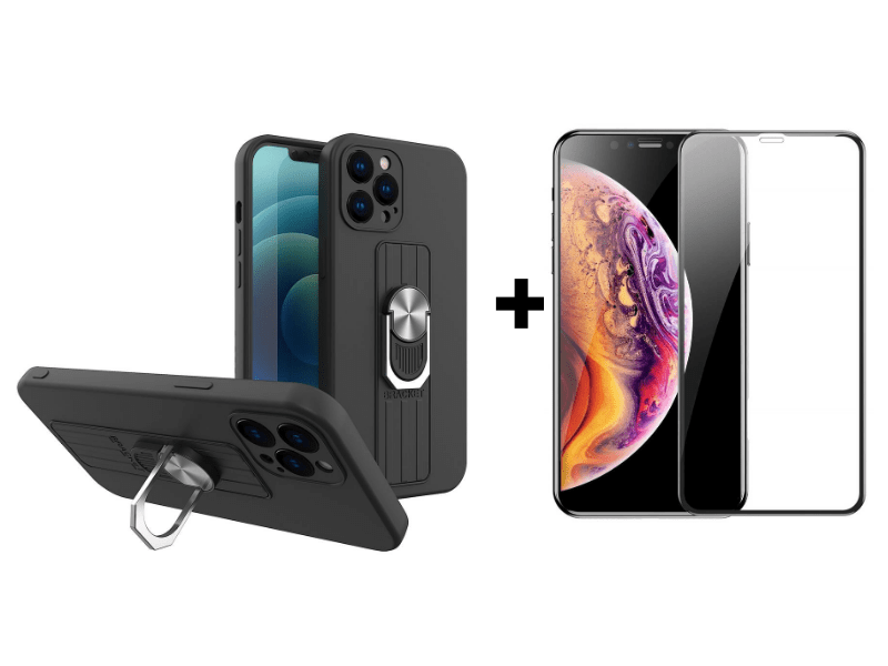 9D SKLO + KRYT 2v1 pre Apple iPhone 11 - Armor Ring grip čierne