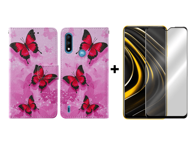 9D SKLO + PÚZDRO pre Motorola Moto E7 Power - Knižkové puzdro Pink Butterfly