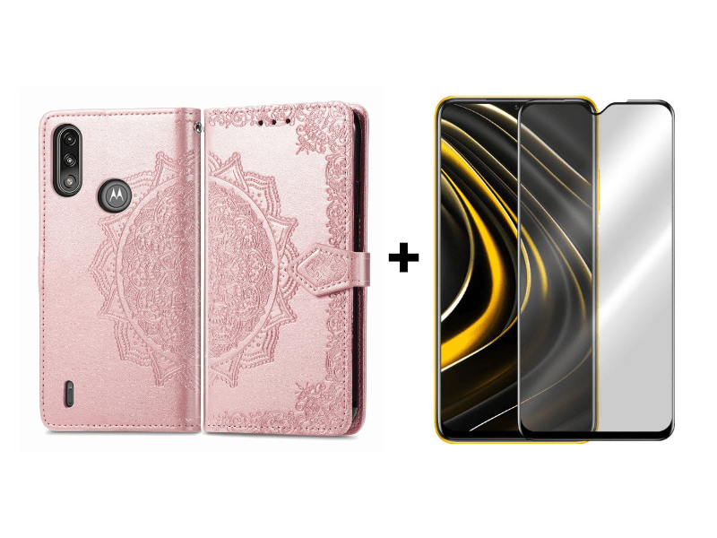 9D SKLO + PÚZDRO pre Motorola Moto E7 Power - Knižkové puzdro Lanyar ružové