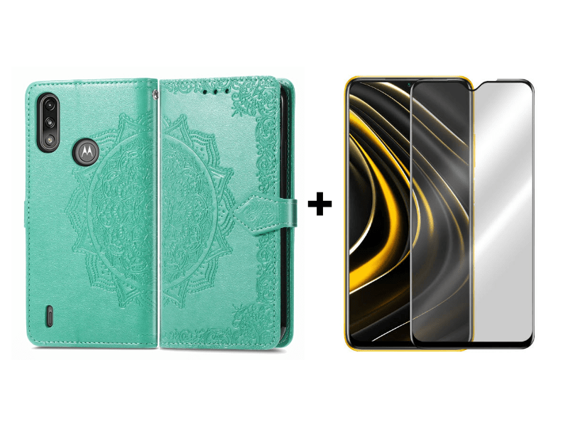 9D SKLO + PÚZDRO pre Motorola Moto E7 Power - Knižkové puzdro Lanyar zelené