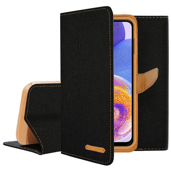 SKLO + PUZDRO 2v1 pre Samsung Galaxy A23 / A23 5G - Knižkové Canvas čierno hnedé