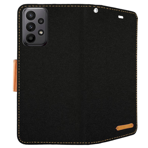 SKLO + PUZDRO 2v1 pre Samsung Galaxy A23 / A23 5G - Knižkové Canvas čierno hnedé