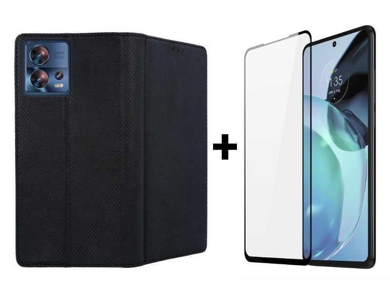 9D SKLO + PUZDRO 2v1 pre Motorola Moto G72 - Knižkové Magnet čierne