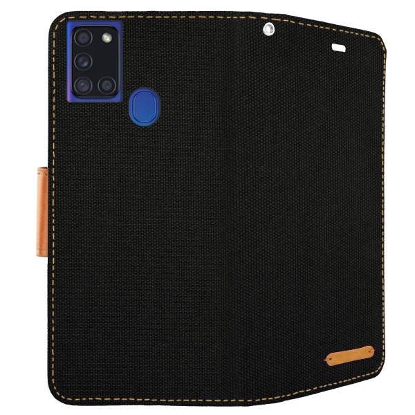 9D SKLO + PUZDRO 2v1 pre SAMSUNG GALAXY A21s - Knižkové CANVAS čierno hnedé