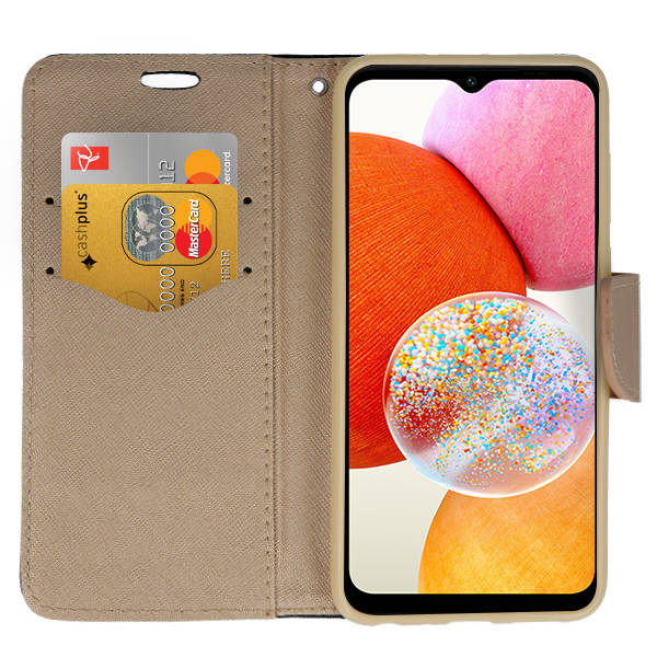 SKLO + PUZDRO 2v1 pre Samsung Galaxy A14 / A14 5G - Knižkové FANCY čierno zlaté