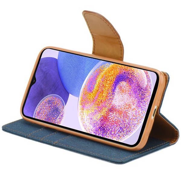 SKLO + PUZDRO 2v1 pre Samsung Galaxy A14 / A14 5G - Knižkové CANVAS modro hnedé