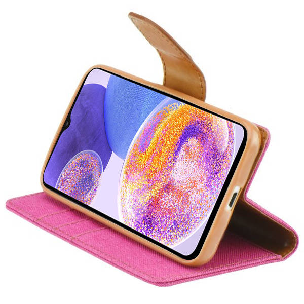 SKLO + PUZDRO 2v1 pre Samsung Galaxy A14 / A14 5G - Knižkové CANVAS ružovo hnedé