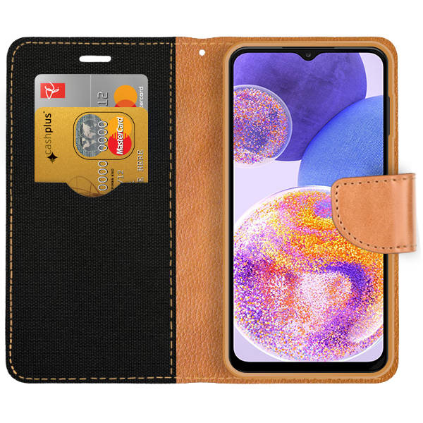 SKLO + PUZDRO 2v1 pre Samsung Galaxy A14 / A14 5G - Knižkové CANVAS čierno hnedé