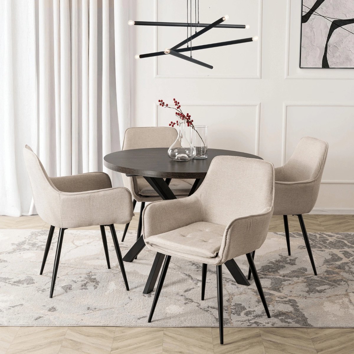 Jedálenský set LUKAS – stôl LUKAS 100–250 cm čierna + 4× stolička EDRICK krémová