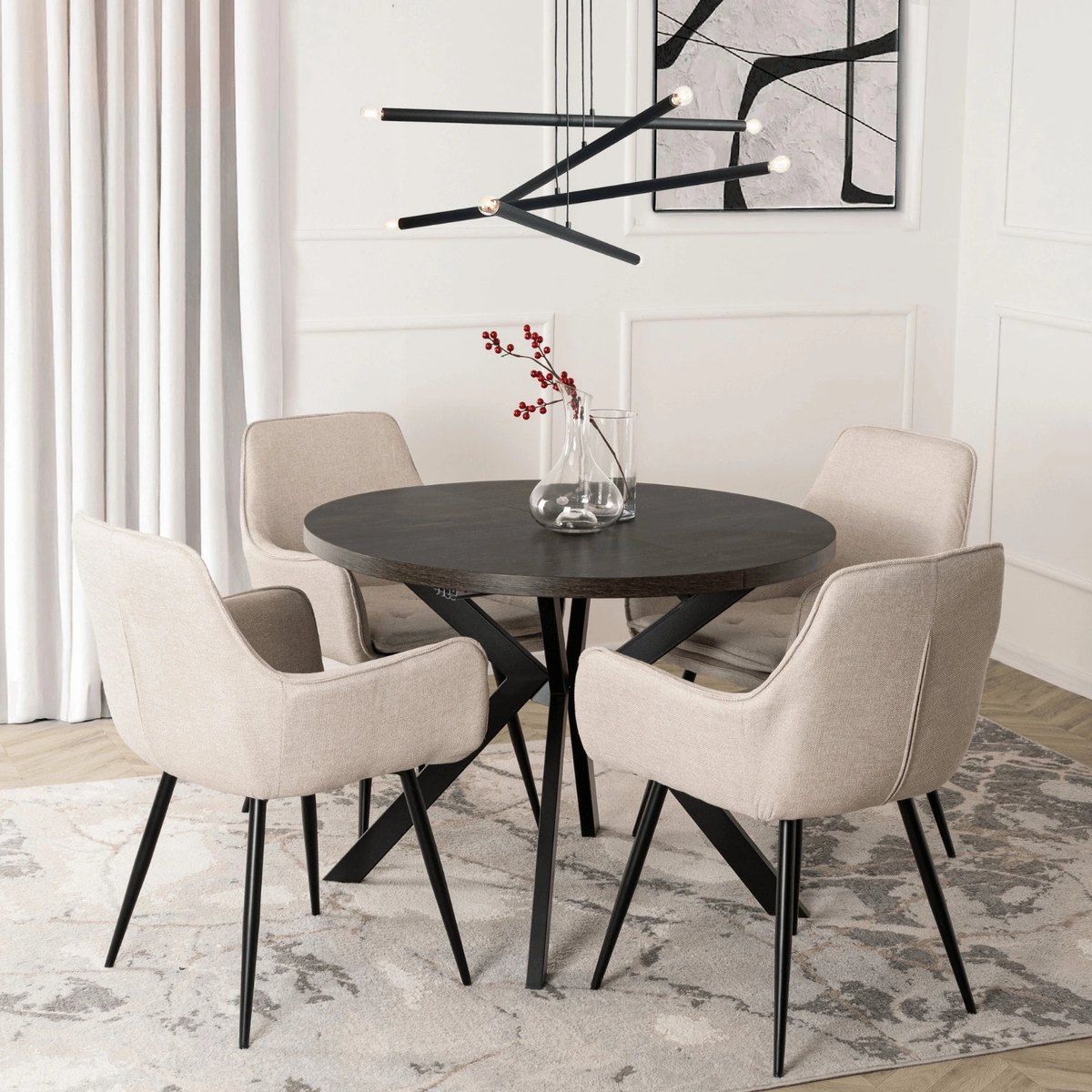 Jedálenský set LUKAS – stôl LUKAS 100–250 cm čierna + 4× stolička EDRICK krémová – foto 2