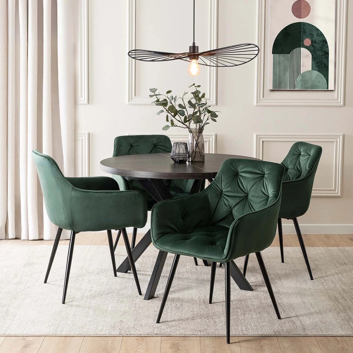 Jedálenský set LUKAS – stôl LUKAS 100–250 cm čierna + 4× stolička MODESTO zelená