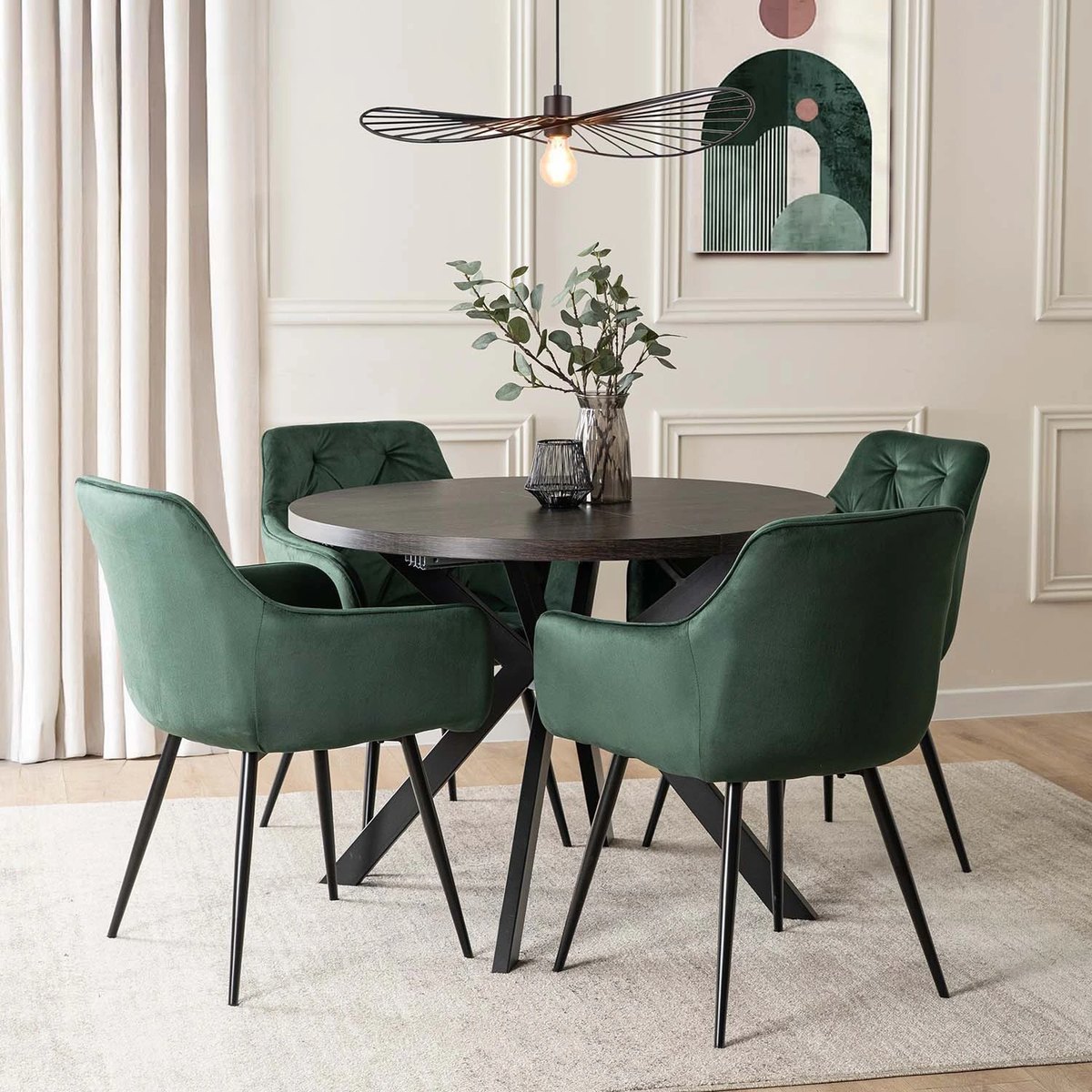 Jedálenský set LUKAS – stôl LUKAS 100–250 cm čierna + 4× stolička MODESTO zelená – foto 2