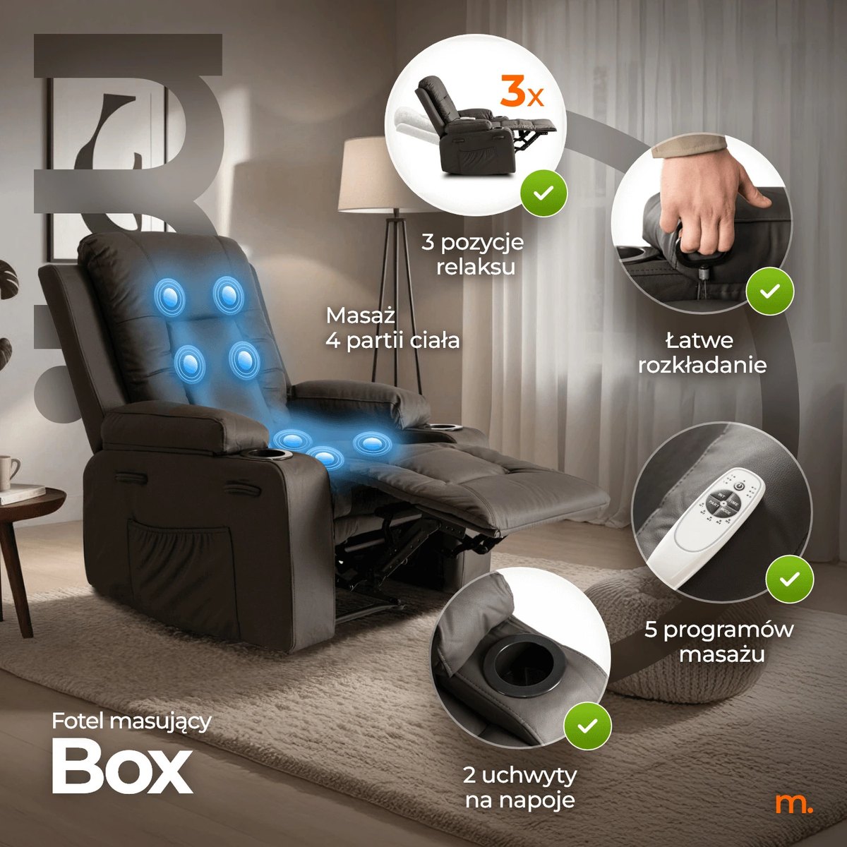 Masážne kreslo BOX – tmavohnedá ekokoža – foto 3