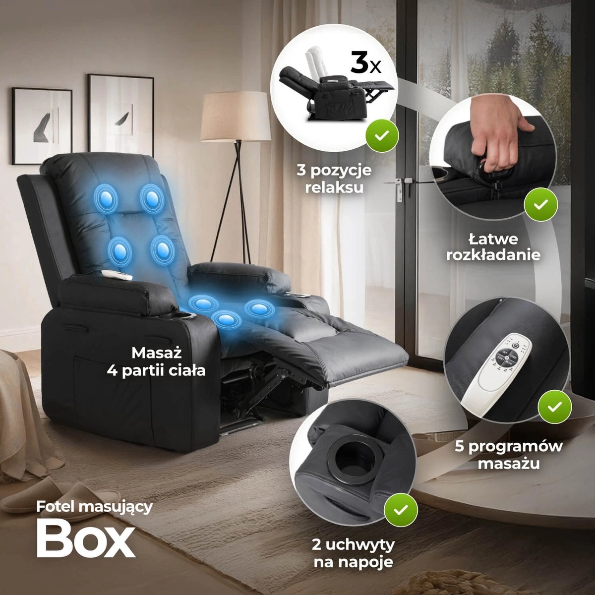 Masážne kreslo BOX – čierna ekokoža – foto 3