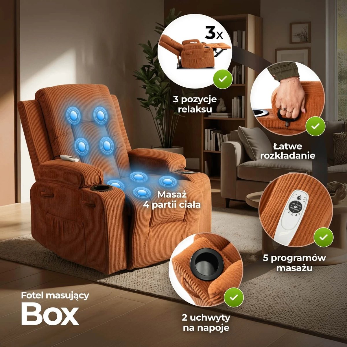 Masážne kreslo BOX – hrdzavý menčester – foto 3