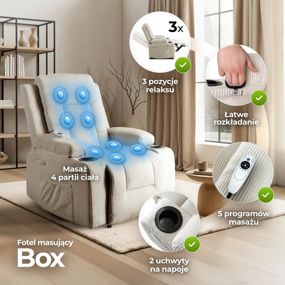Masážne kreslo BOX – béžový menčester – foto 3