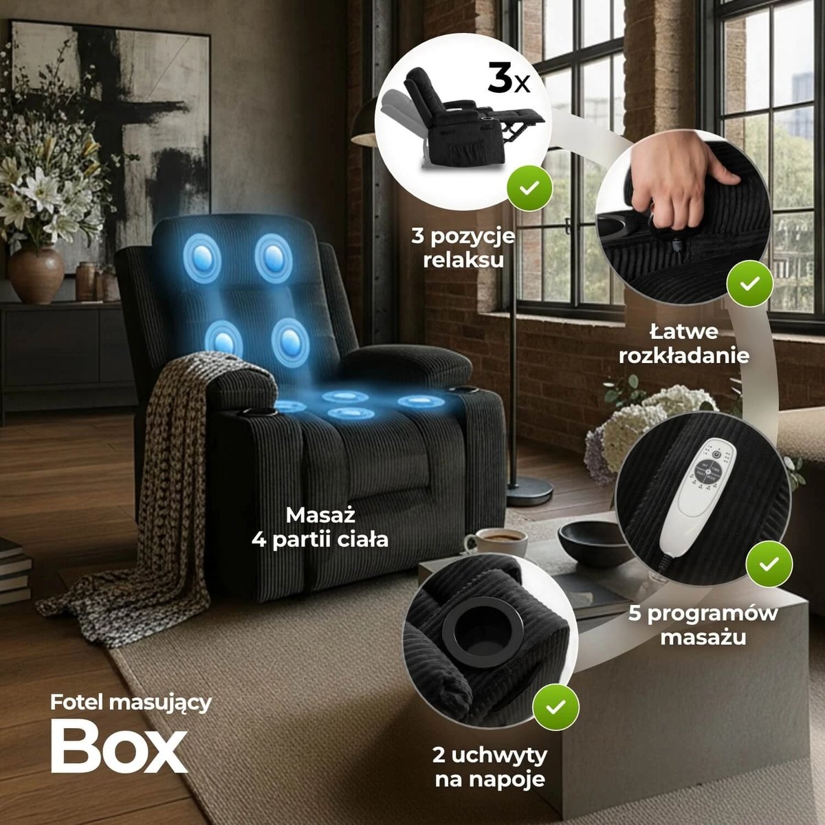 Masážne kreslo BOX – čierny menčester – foto 3