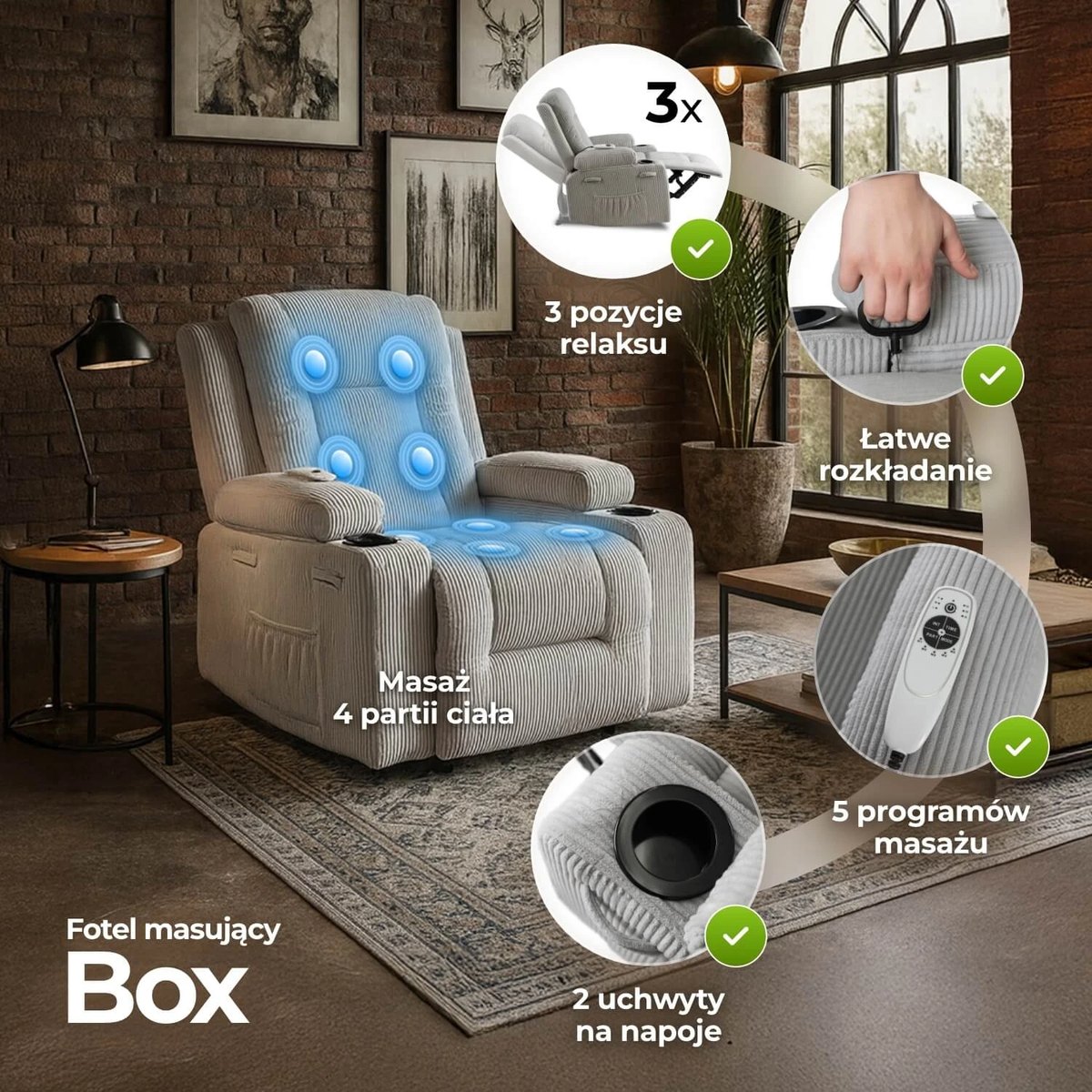 Masážne kreslo BOX – sivý menčester – foto 3