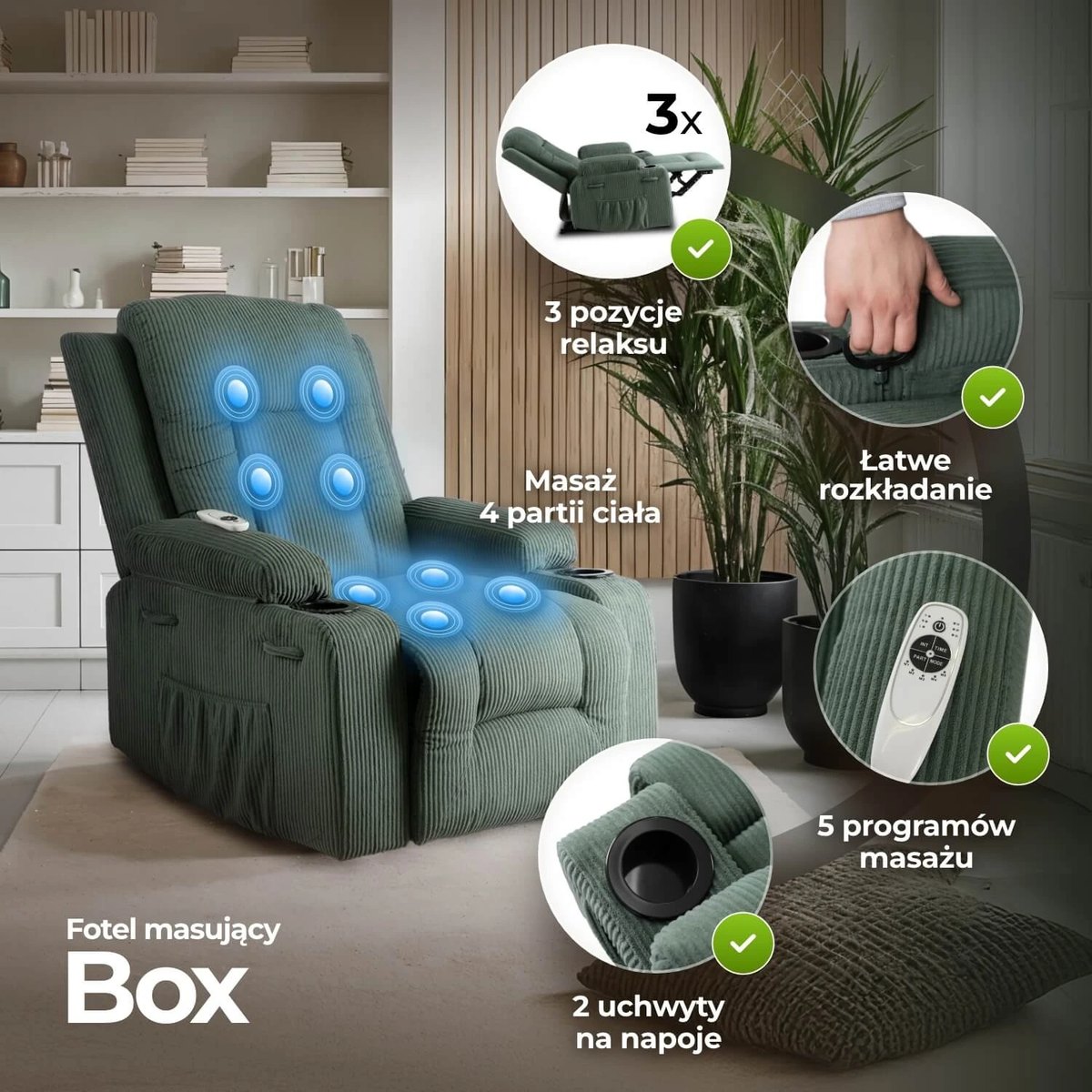 Masážne kreslo BOX – zelený menčester – foto 3