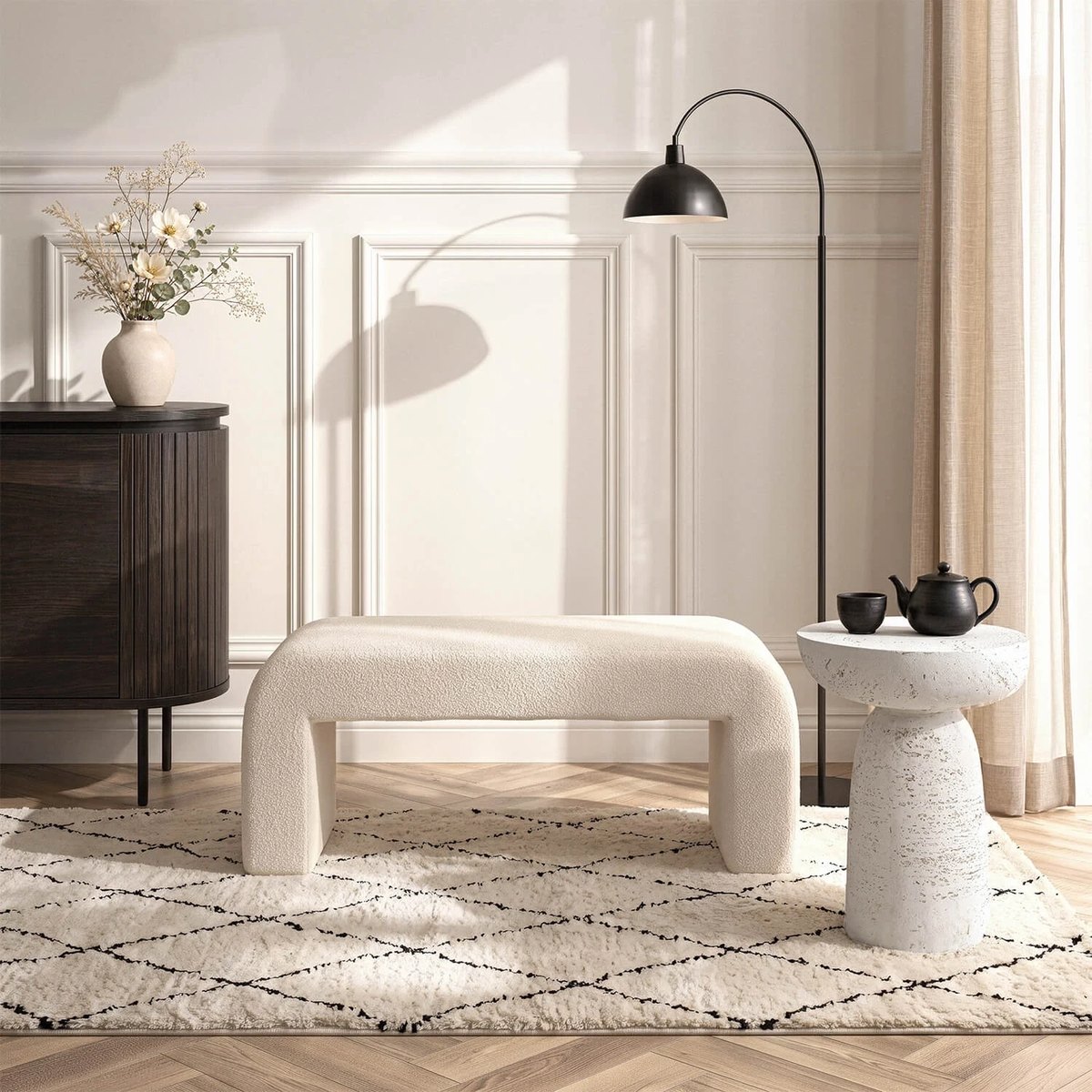 Taburetka DELINO – krémová látka boucle – foto 2