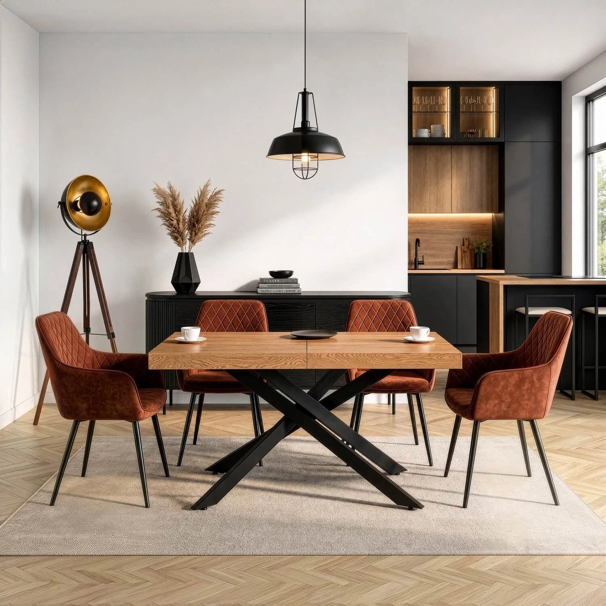 Rozkladací stôl HAMPTON – 160–240 cm, zlatý dub, čierna podnož – foto 2