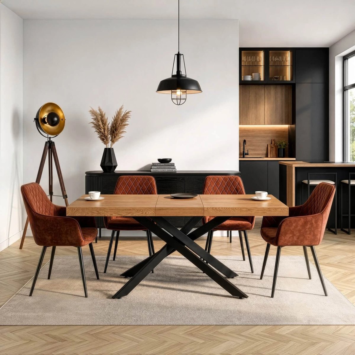Rozkladací stôl HAMPTON – 160–240 cm, zlatý dub, čierna podnož – foto 3
