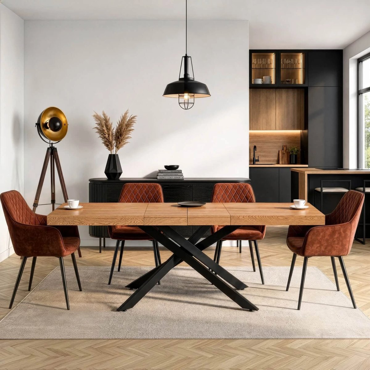 Rozkladací stôl HAMPTON – 160–240 cm, zlatý dub, čierna podnož – foto 4