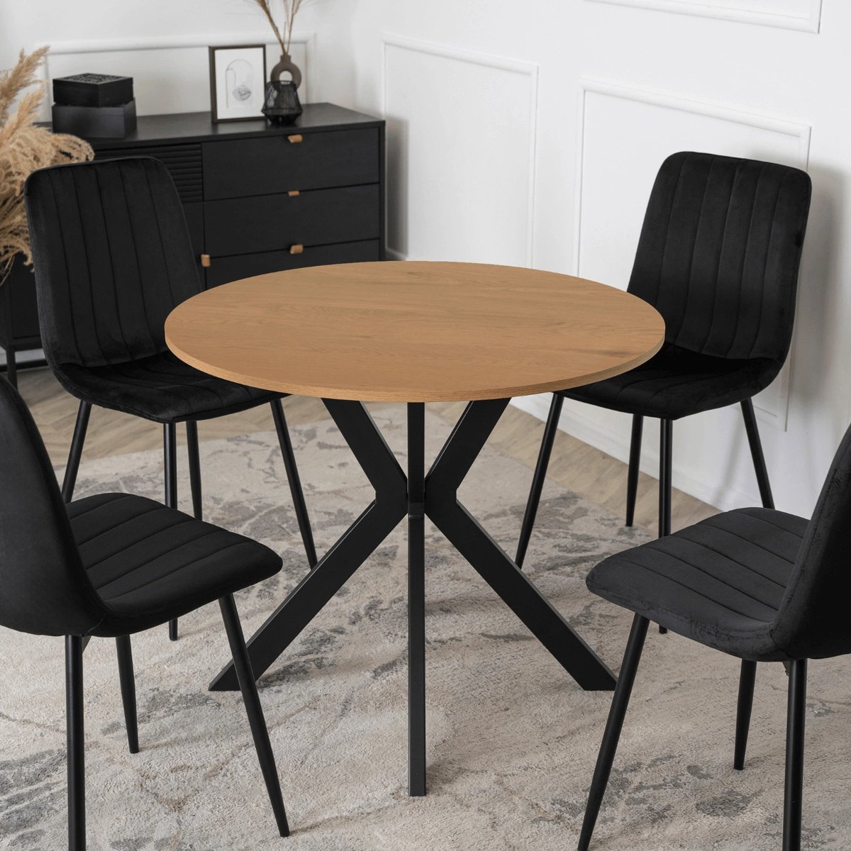 Okrúhly stôl LAUREN – 80 cm, zlatý dub, čierna podnož – foto 2