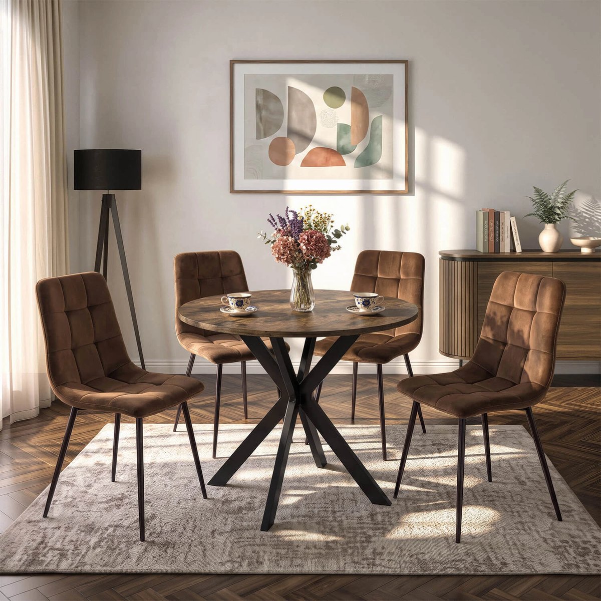 Jedálenský set LAUREN – stôl LAUREN 90 cm rustikálny dub a čierna + 4× stolička PERU hnedá