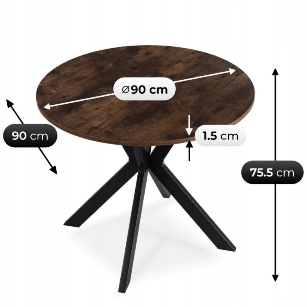Okrúhly stôl LAUREN – 90 cm, rustikálny dub, čierna podnož – foto 5