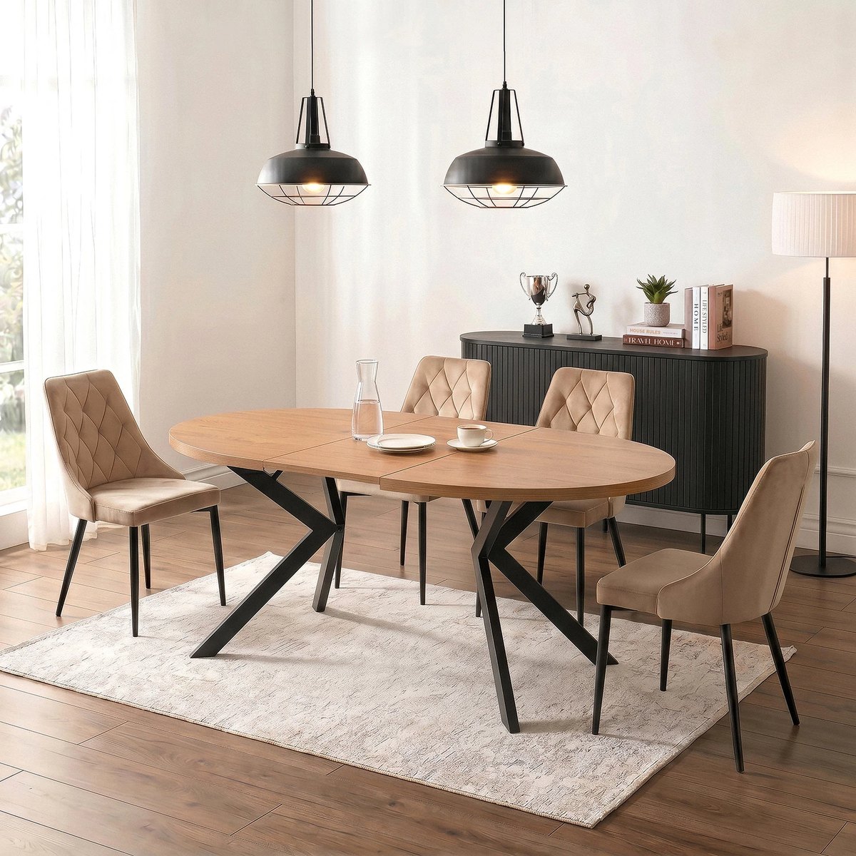 Rozkladací stôl LUKAS – 100–250 cm, zlatý dub, čierna podnož – foto 3