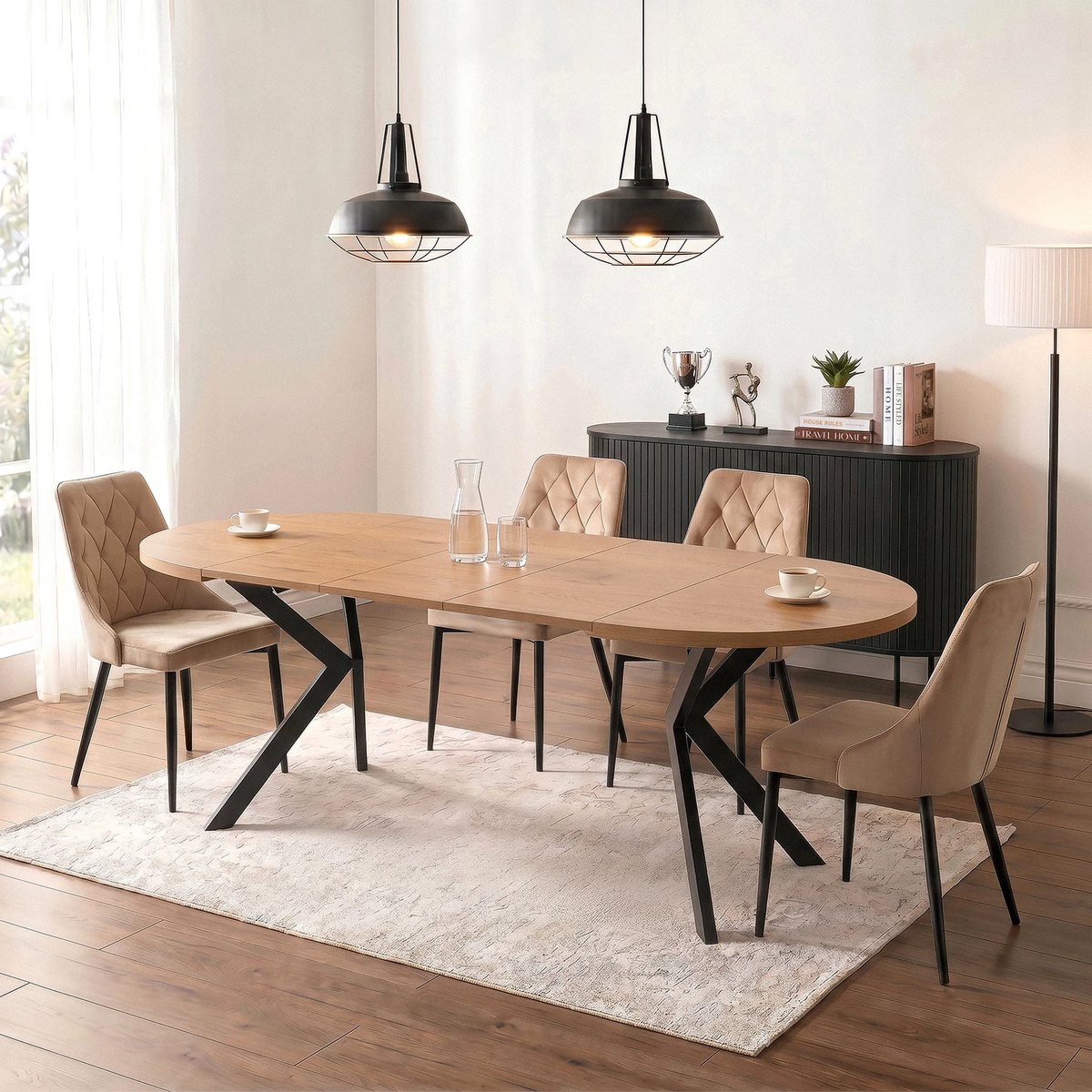 Rozkladací stôl LUKAS – 100–250 cm, zlatý dub, čierna podnož – foto 4
