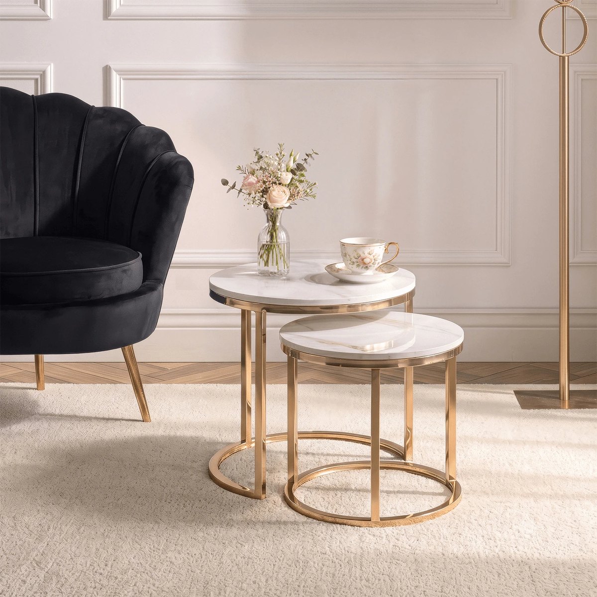 Sada konferenčných stolíkov MILANO – 45 cm, biely mramor, podnož zlatá – foto 2