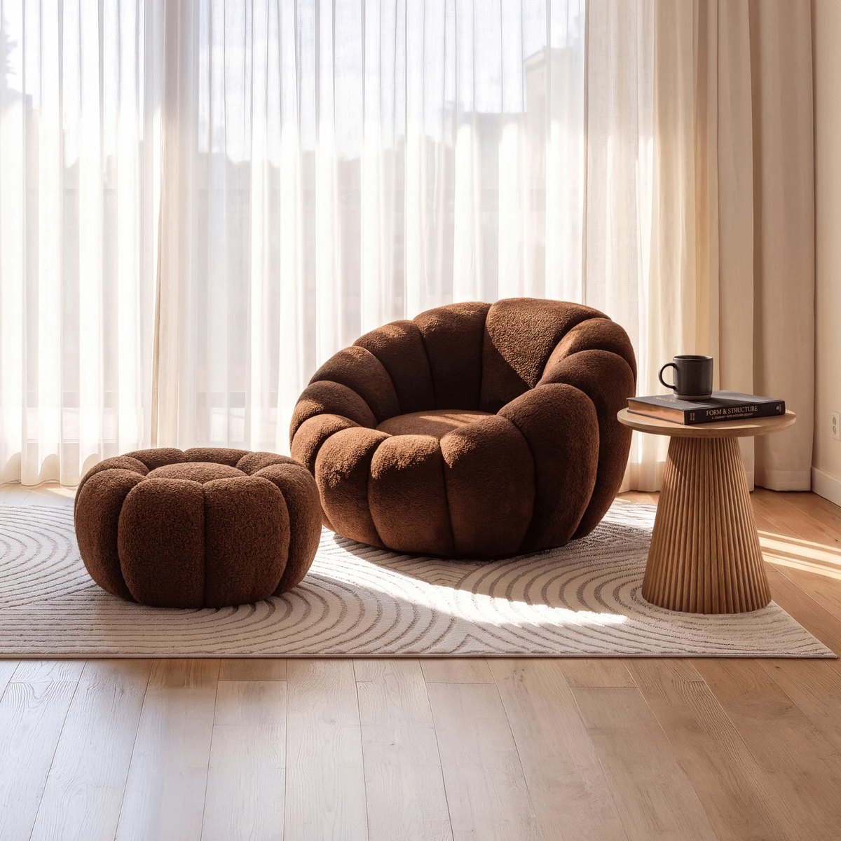 Relaxačné kreslo PETTIT – hnedá látka boucle – foto 2