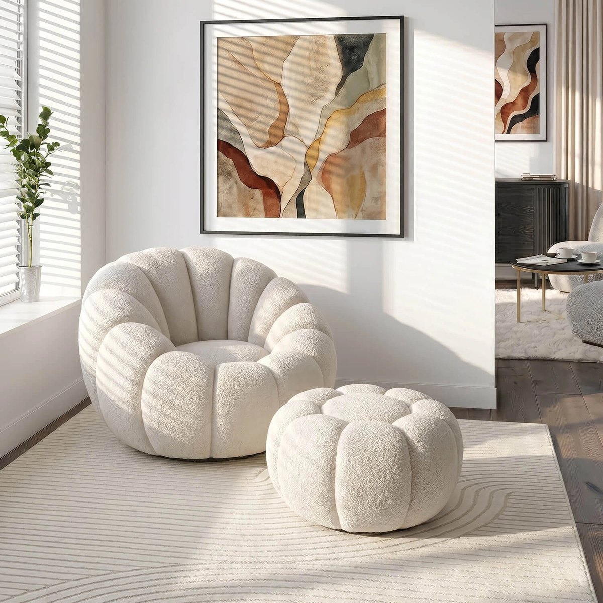 Relaxačné kreslo PETTIT – krémová látka boucle – foto 2
