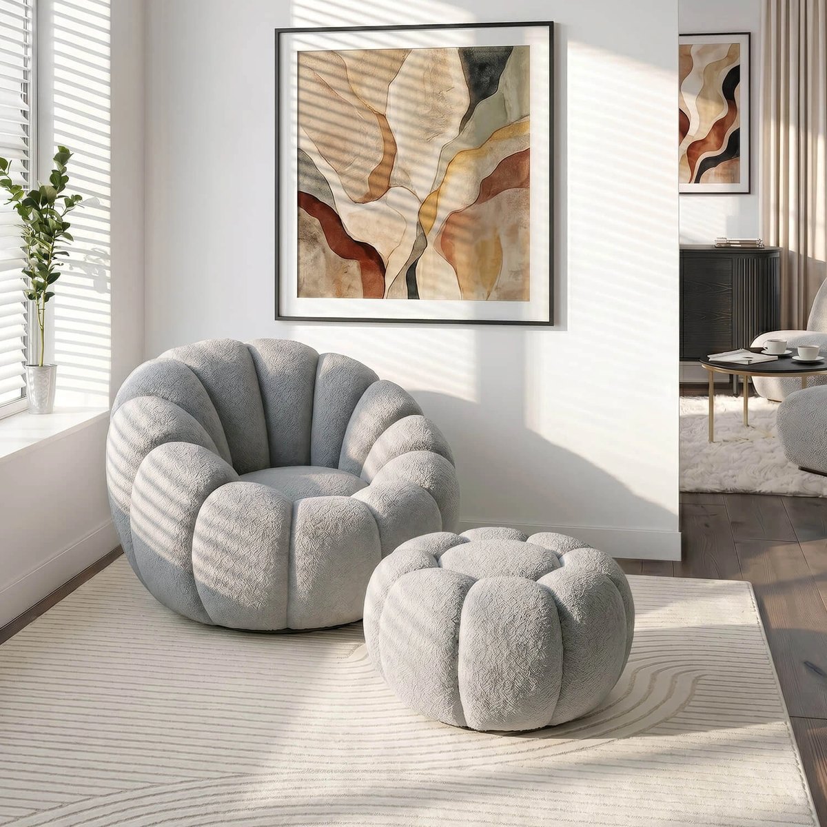 Relaxačné kreslo PETTIT – sivá látka boucle – foto 2