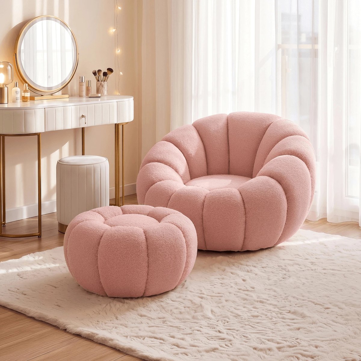 Relaxačné kreslo PETTIT – ružová látka boucle – foto 2