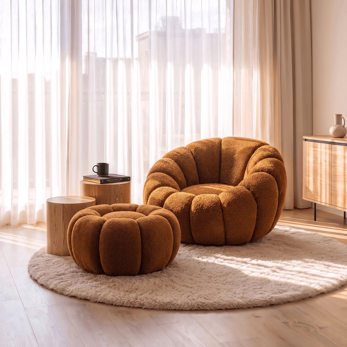 Relaxačné kreslo PETTIT – hrdzavá látka boucle – foto 2