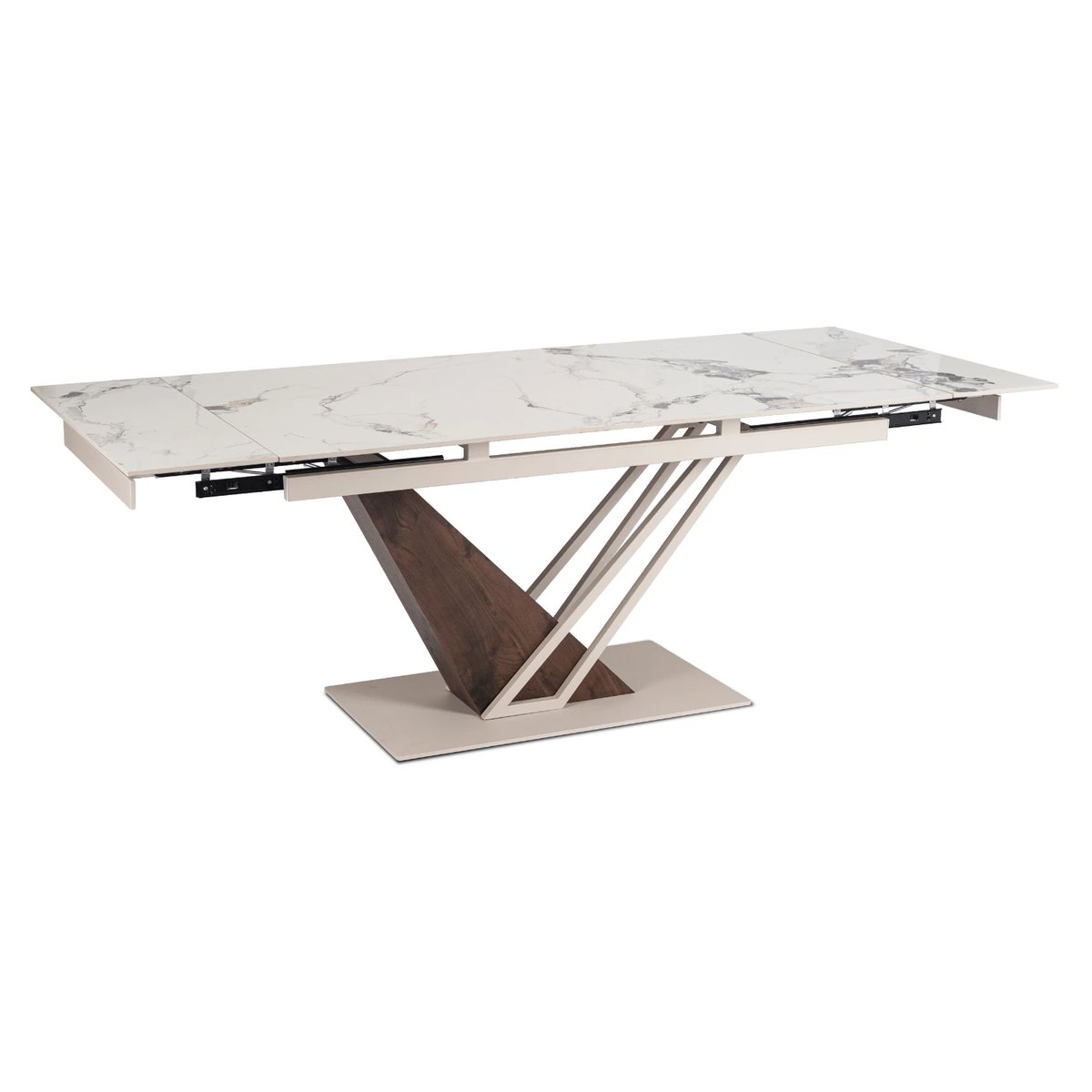Rozkladací stôl REX – 160–220 cm, biely mramor, podnož kašmír – foto 4