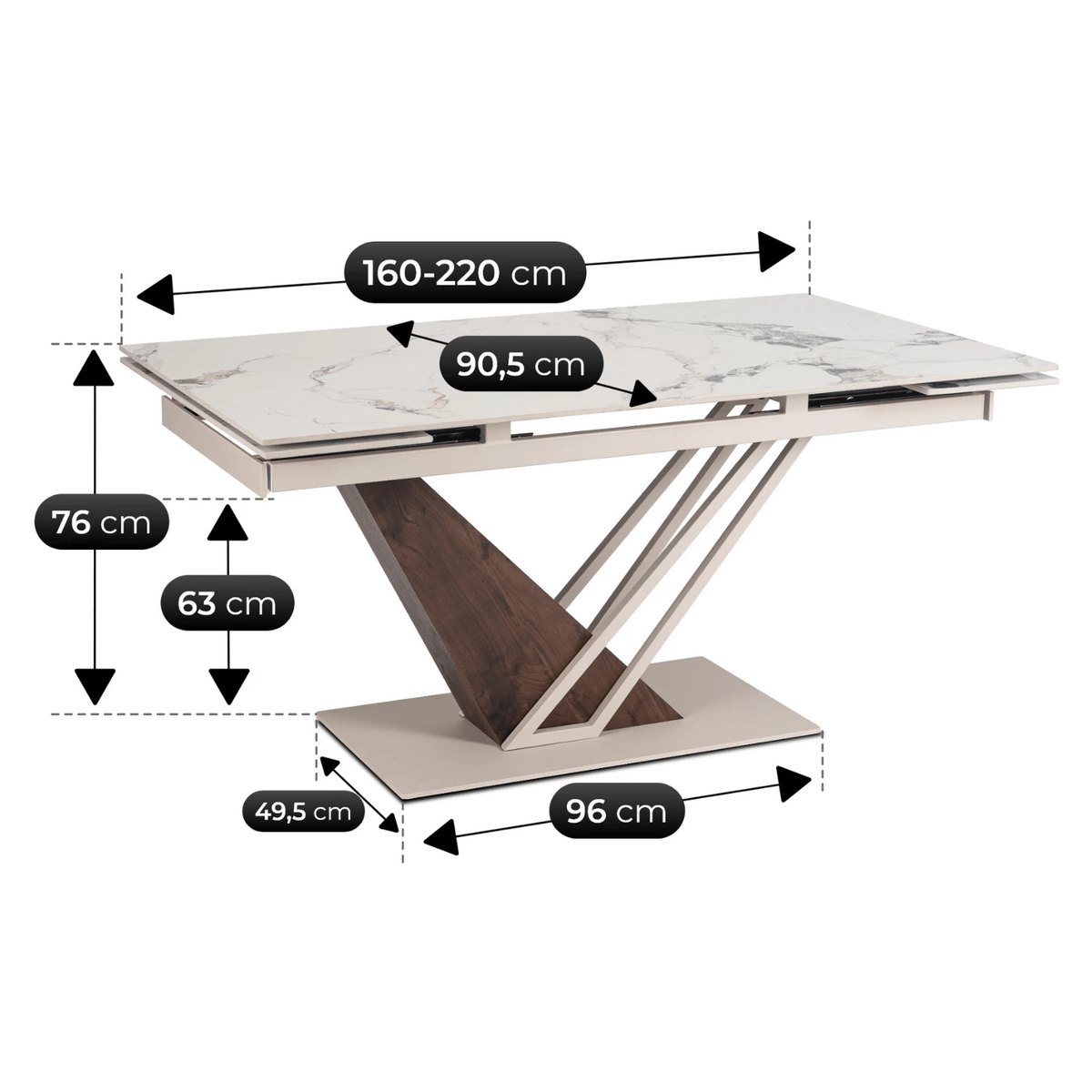 Rozkladací stôl REX – 160–220 cm, biely mramor, podnož kašmír – foto 6