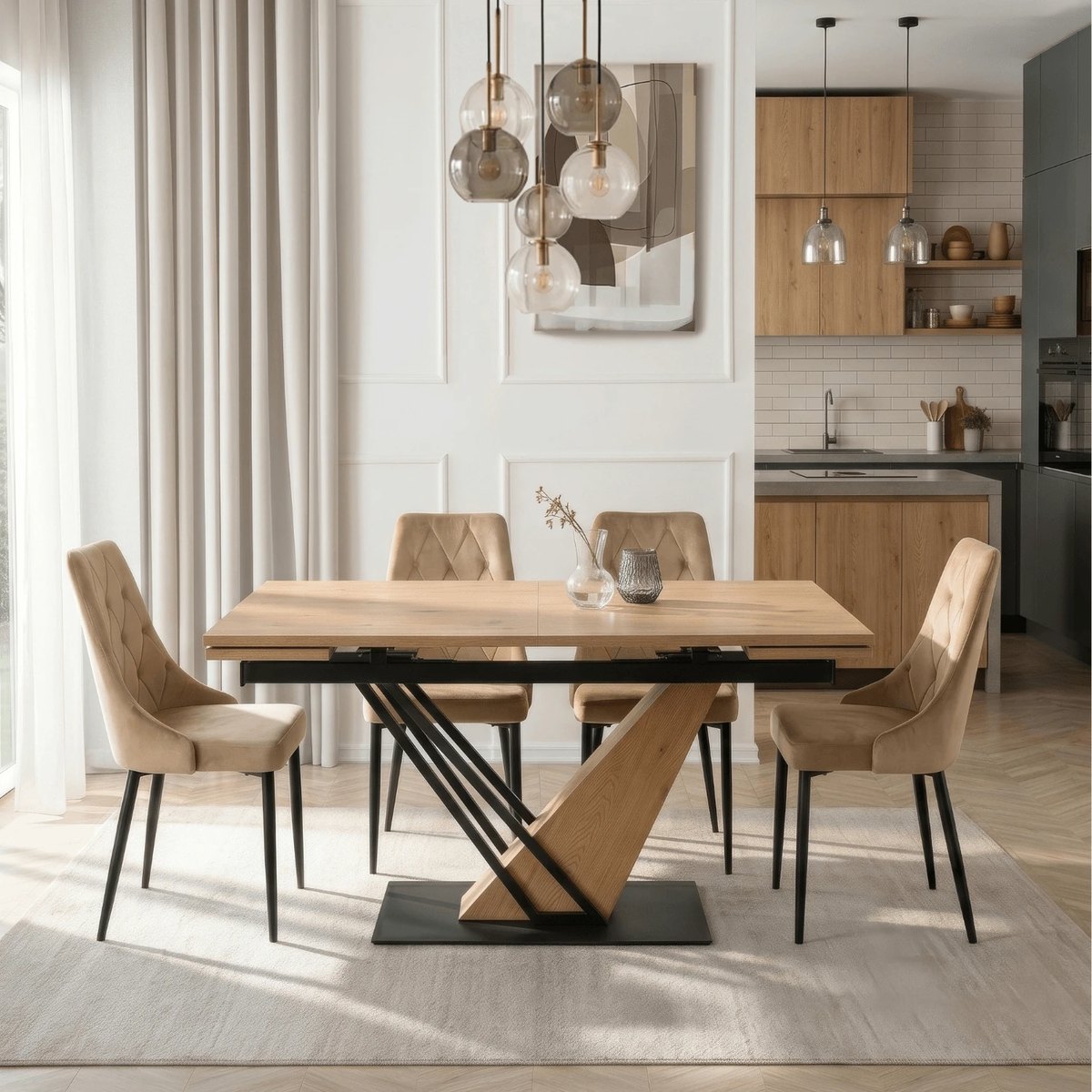 Rozkladací stôl REX – 160–220 cm, dub, čierna podnož – foto 2