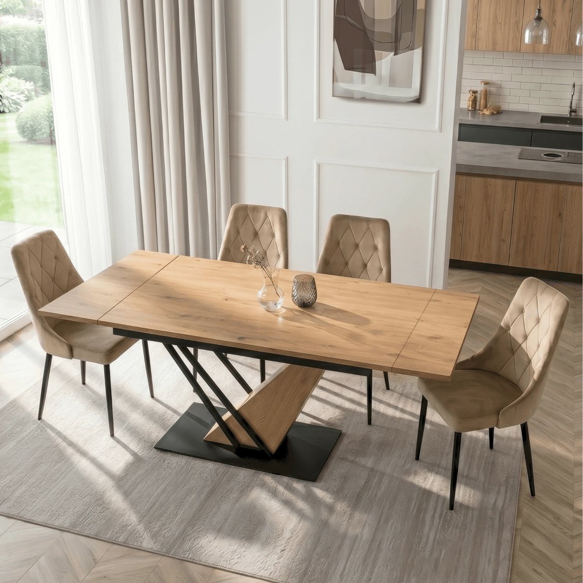 Rozkladací stôl REX – 160–220 cm, dub, čierna podnož – foto 3