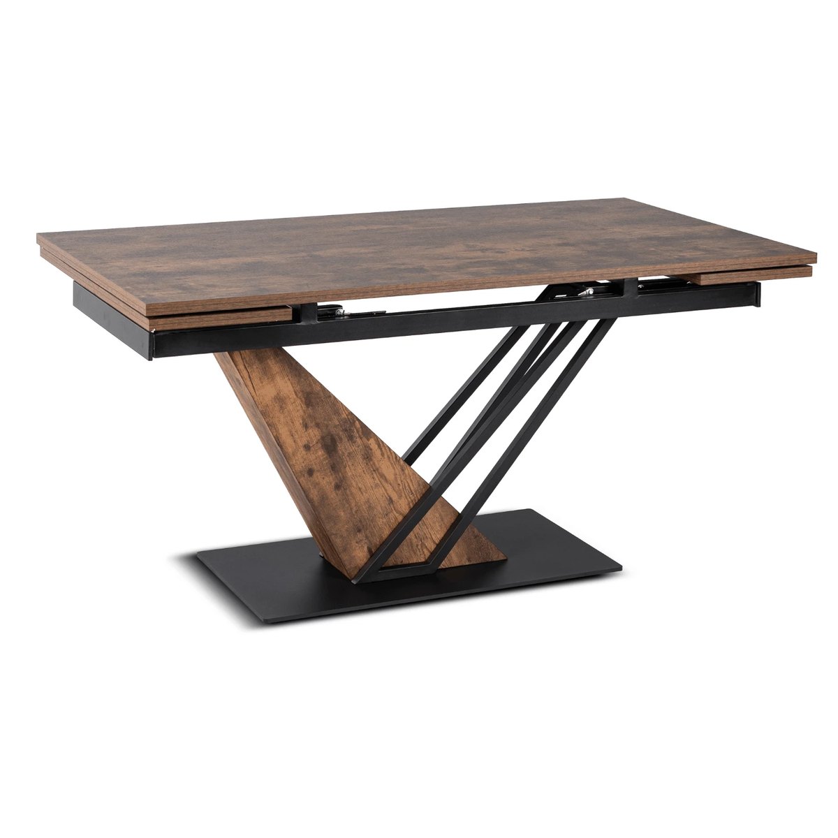 Rozkladací stôl REX – 160–220 cm, rustikálny dub, čierna podnož