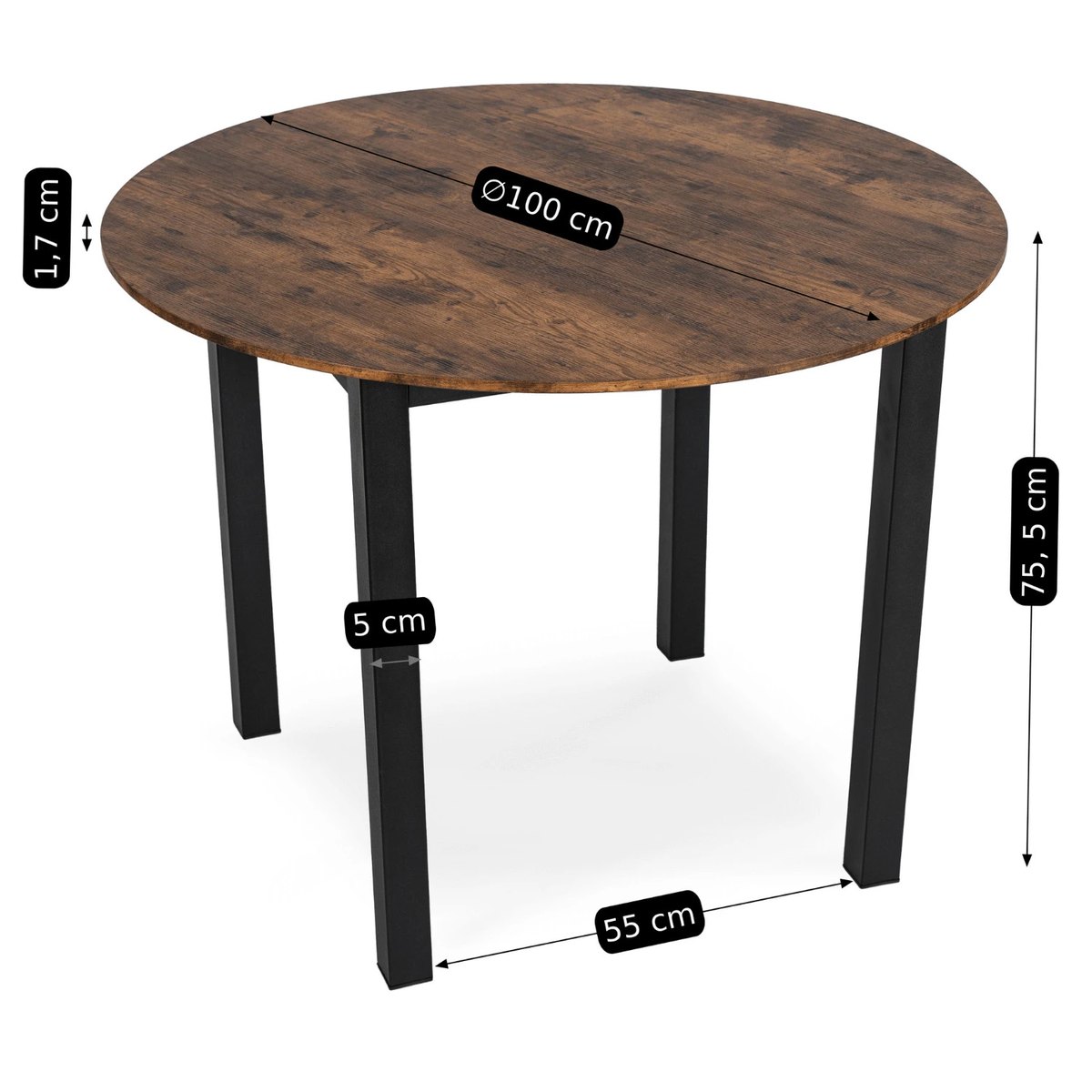Okrúhly stôl TEO – 100 cm, rustikálny dub, čierna podnož – foto 5