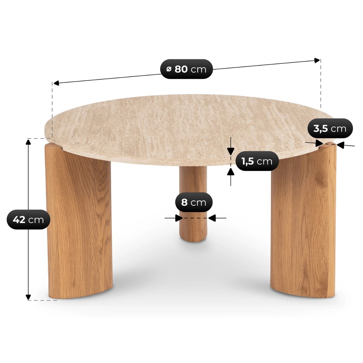 Okrúhly konferenčný stolík TRAVERTINO MAX – 80 cm, travertín, podnož dub – foto 7