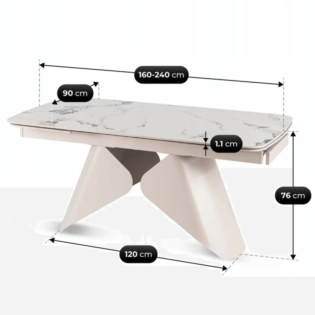 Keramický stôl VERONA – 160–240 cm, biely mramor, podnož kašmír – foto 5